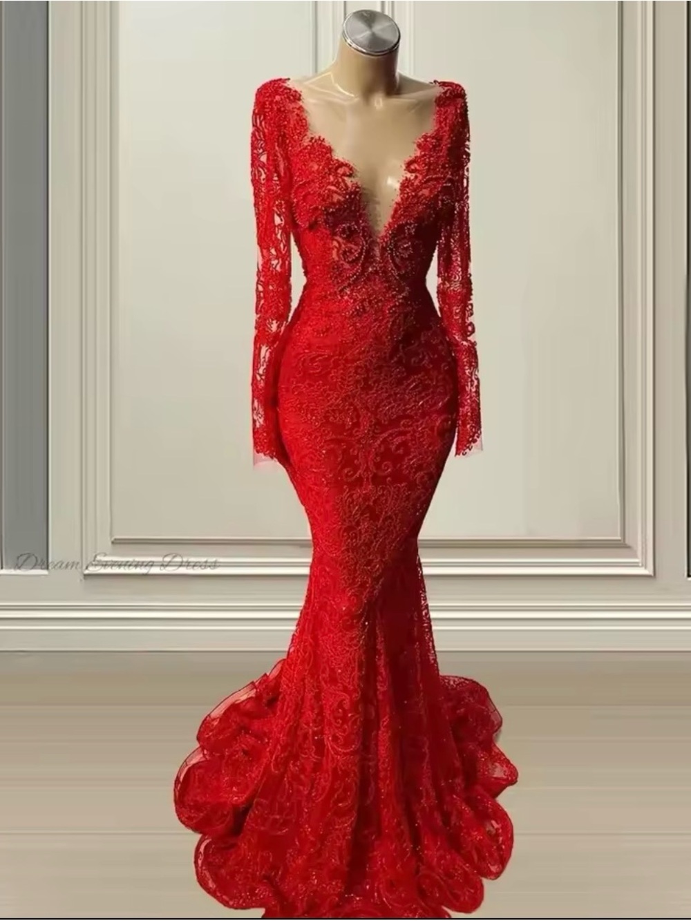 Elegant Red Lace Mermaid Evening Dress - Brand: